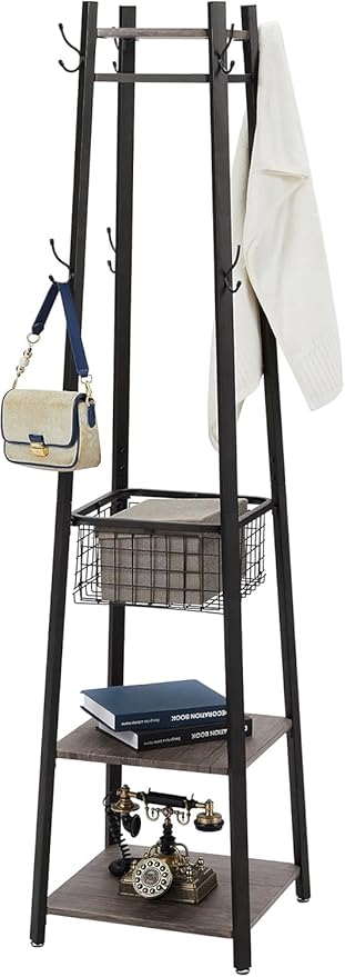 VECELO Coat Rack Freestanding,Hall Tree with Metal Basket and Storage Shelves,Industrial Coat Rack Stand with 8 Hooks for Hanging Coats/Hats/Bags/Umbrellas,18 x 18 x 72 In,Antique Brown