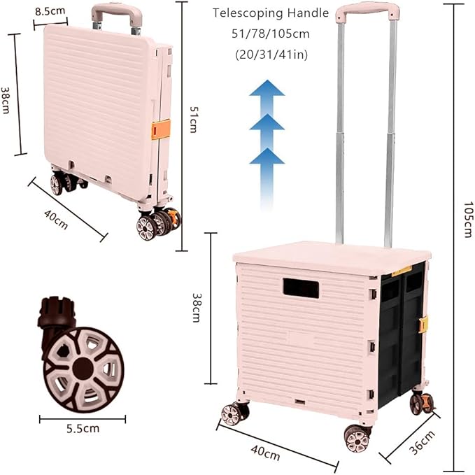 FELICON SELORSS Foldable Utility Cart Folding Portable Rolling Crate Handcart with Durable Heavy Duty Plastic Telescoping Handle Collapsible 4 Rotate Wheels for Travel Shop Move Luggage Office(Pink