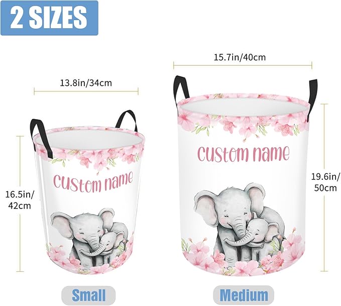 Custom Name Elephant Laundry Baskets for Baby Girls Boys, Personalized Name Laundry Basket for Kids Adults, Personalized Gift Pink Laundry Hamper with Handles, Customize Storage Basket