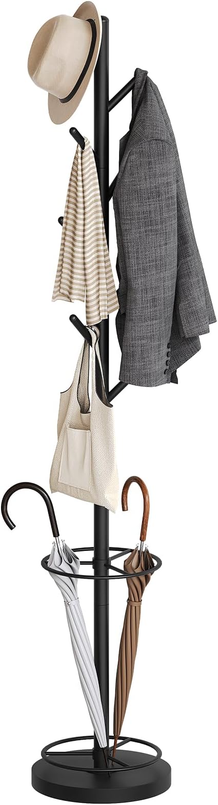 Coat Rack Freestanding, Coat Rack Stand with Umbrella Holder, Heavy Duty Coat Tree for Entryway, Modern Clothing Rack for Hats, Bags, Metal Coat Hanger Stand for Bedroom, Office, Black YM03BB