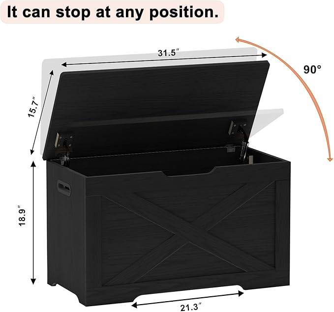 Storage Chest, Wooden Storage Bench, Entryway Shoes Bench with 2 Safety Hinges, for Living Room, Bedroom, 15.7 x 31.5 x 18.9 Inches, Black