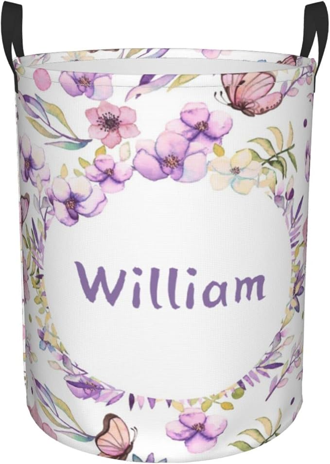 Beautiful Flowers Butterfly Customized Laundry Basket Clothes Hamper with Name Collapsible Waterproof Large Capacity Organizer Storage for Living Room.