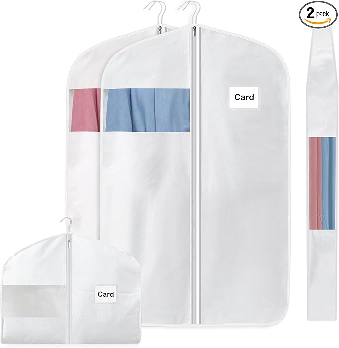 2 Pcs 100% Organic Cotton Garment Clothes Bag Short 40 Inch Breathable Proof Hanging Clothes Bag Covers with Viewing Window Card Pocket for Short Dresses Jackets Suits Organization