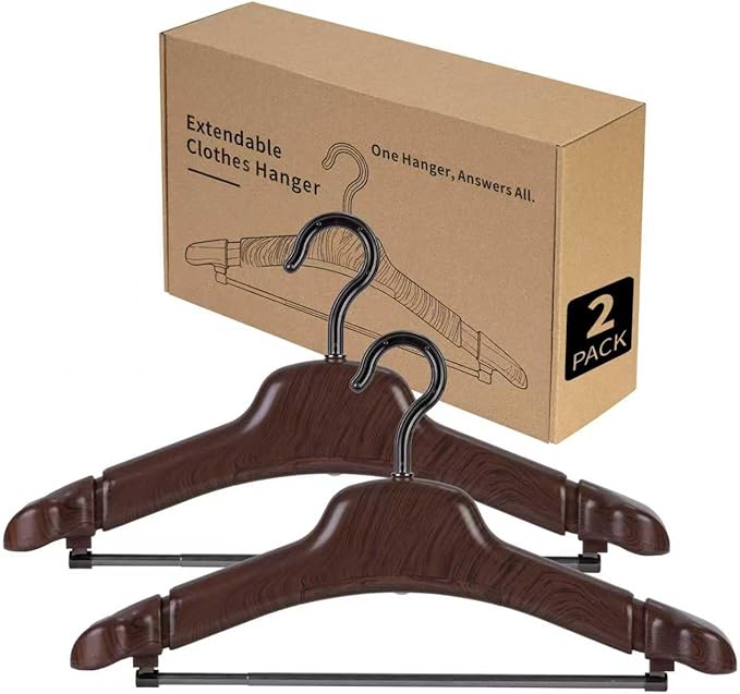 2-Pack Wood-Colored ABS Clothes Hangers with Adjustable Arms for Suits,Jacket,Dress, Shirt, Great Closet Organization&Storage
