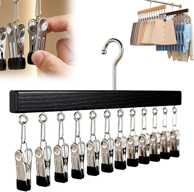 Closet Organizer with 12 Clips, Legging Organizer for Closet, Leggings, Jeans, Hats, Shorts, Socks, 360° Rotating Space Saving Hanging Clothes (Black 12 Clips, 1Pcs)
