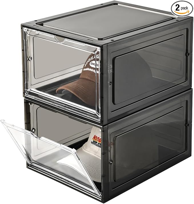 Hat Organizer Box, Stackable Clear Baseball Caps Holder Box Containers with Magnetic Door, Holds 20 Hats (Black Clear, 2 Pack)