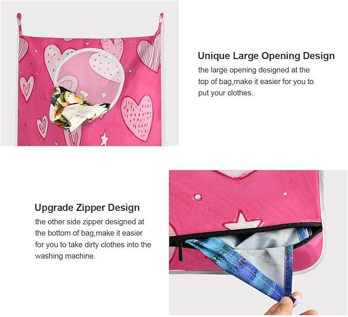 Hot Pink Hearts Stars Hanging Laundry Hamper Door Hampers Bag Basket with Stainless Steel Hooks Oxford Fabric Printing Decorative Clothes Bags 29.5X20inch 2Pack