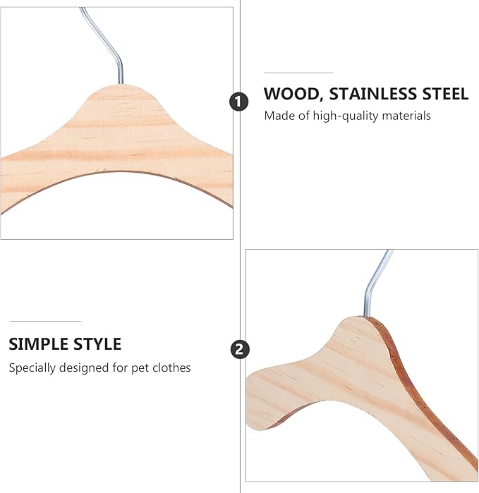 10pcs Wooden Pet Apparel Hangers, Dog Clothing Hanging Rack, Silver, Wood Color, 5.50X5.50X0.20inch
