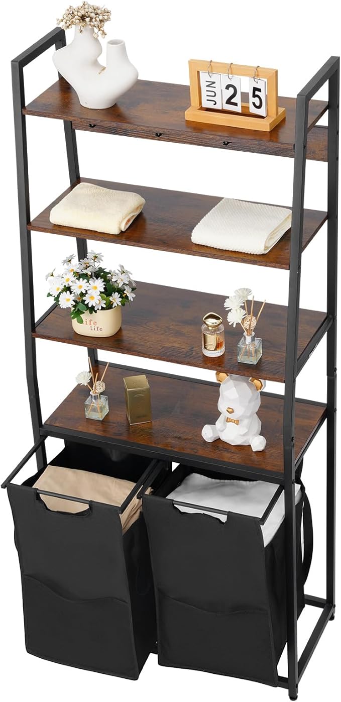 VEVOR 4 Tiers Laundry Sorter, Tall Laundry Hamper with Shelves and Hooks, 2 Section Freestanding Basket Organizer Storage with 600D Oxford Cloth Bags and Ladder Shelves for Dirty Clothes, Bathroom