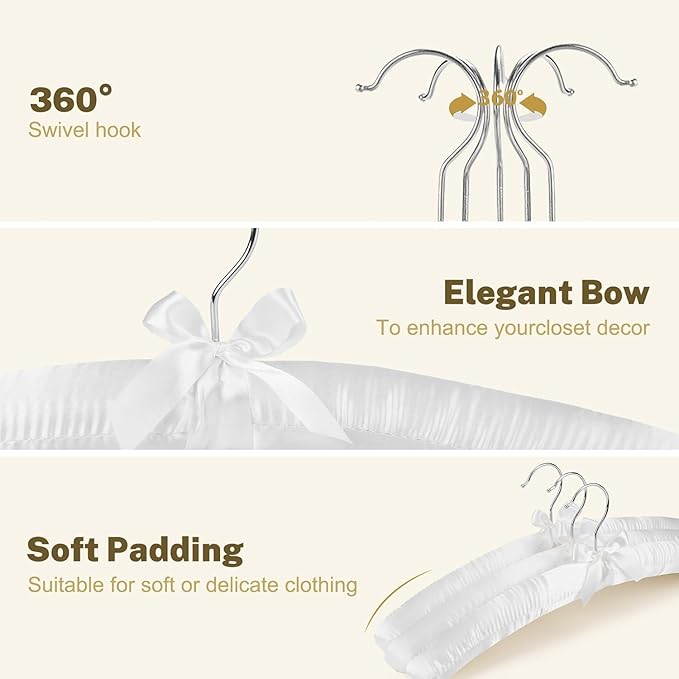 HOUSE DAY Satin Padded Hangers for Women 4 Pack 17 Inch No Shoulder Bump Bride Hanger for Sweaters, Dresses, Clothing, Weddings, Lingerie（White）
