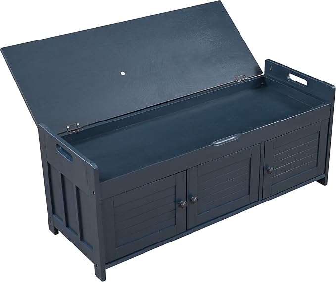 SOFTSEA Upholstered Storage Bench, Entryway Shoe Bench with Removable Cushion and Hidden Storage, Wooden Storage Ottoman with 3 Shutter-Shaped Doors for Entryway, Living Room, Bedroom, Blue