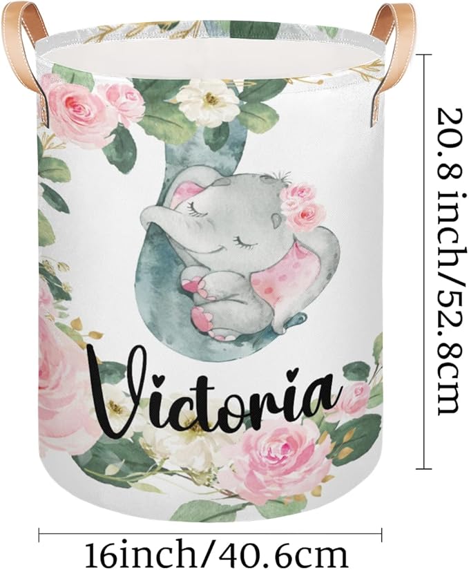 Personalized Laundry Basket, Custom Gift Laundry Hamper, Collapsible Nursery Waterproof Laundry Baskets, Dirty Clothes Toy Hamper with Handles Floral Sleeping Elephant
