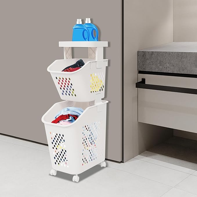 2 Tiers Rolling Laundry Hamper, White Plastic Laundry Basket Holder with Wheels, Vertical Laundry Hamper Sorter Cart, Rolling Clothes Hamper Organizer for Bathrooms Bedrooms