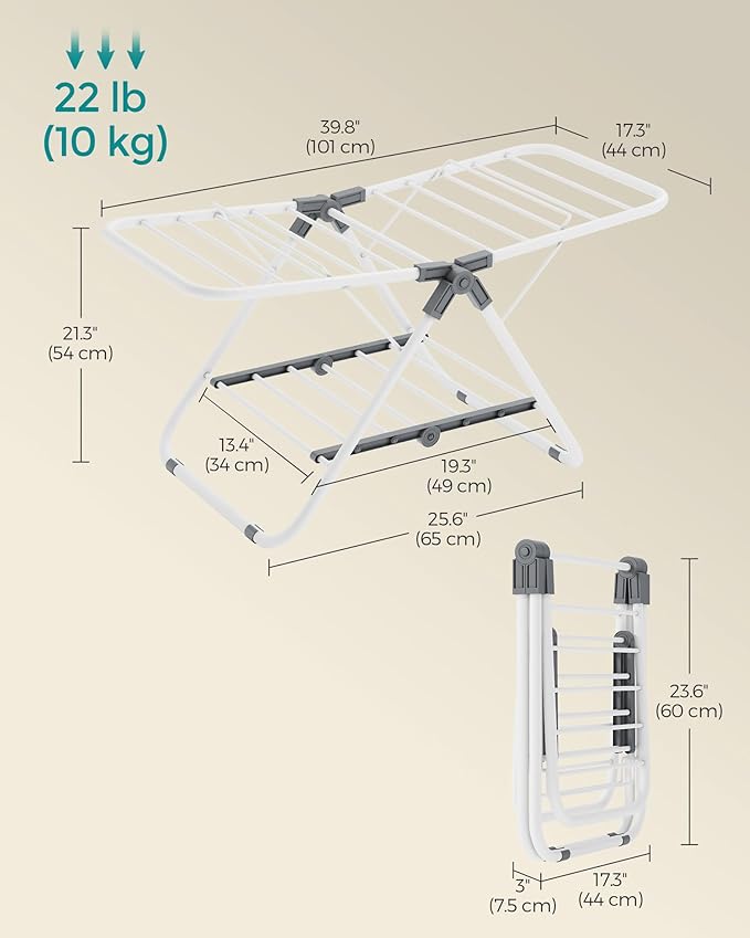 SONGMICS Small Clothes Drying Rack, Foldable 2-Level Laundry Drying Rack, Space-Saving, for Small Clothes, Towels, Bathroom, Balcony, 17.3 x 39.8 x 19.7 Inches, Cloud White ULLR504W01