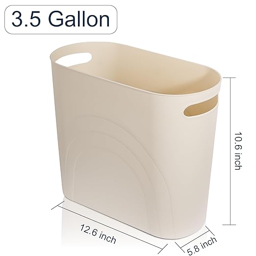 rejomiik Small Trash Can, 3.5 Gallon Slim Garbage Can Plastic Waste Basket with Handles Container Bin for Narrow Spaces Bathroom, Bedroom, Kitchen, Office at Home, Cream