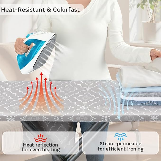 FIOBEE Ironing Board Cover and Pad Extra Thick Iron Board Pad with Heat-Resistant Mesh Padded Iron Board Covers Adjustable Buckle & Elastic Edges for 15x54 Standard Size Ironing Board, Grey Geometric