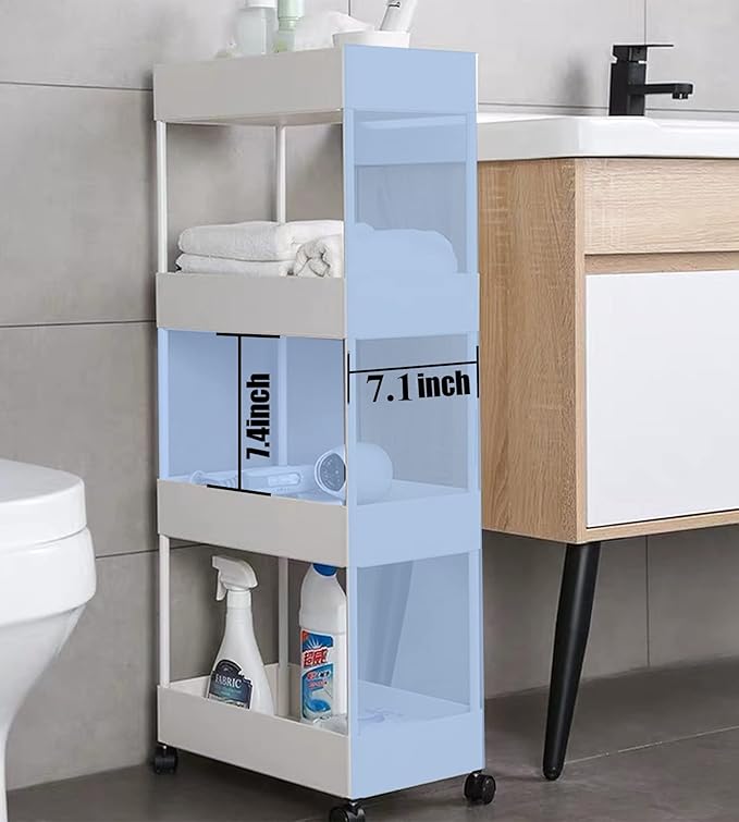 4 Tier Slim Rolling Utility Kitchen Cart Bathroom Organizer for Narrow Places Multipurpose Storage Shelve Mobile Trolley for Bedroom Laundry Office Restaurant Garage Pantry (White)