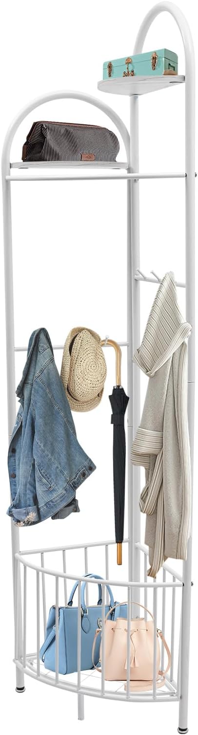 Corner Hall Tree, Corner Coat Rack with Storage Basket, Entryway Clothing Rack for Living Room Bathroom and Clothing Store, 6 Hooks and 2 Partitions, 90-Degree Corner Design (White)