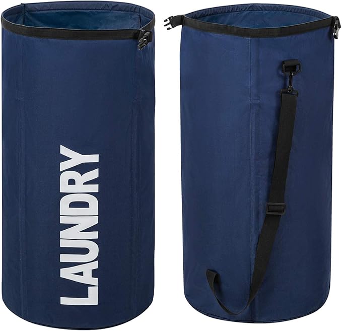 WOWLIVE Extra Large Foldable Laundry Bag Laundry Basket Collapsible Laundry Hamper Backpack Liner Dirty Clothes Hamper Standing Waterproof Hampers for Dorm Room(Dark blue)