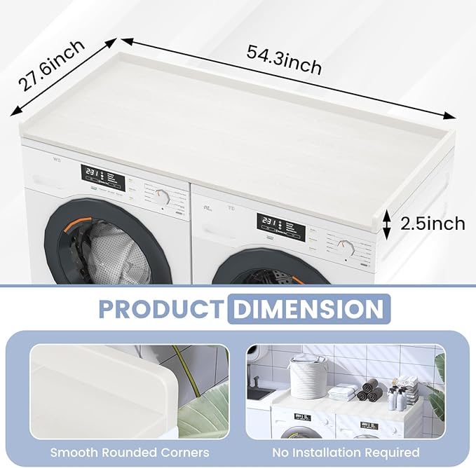 Sundale HDPE Washer Dryer Countertop, No-Installation Laundry Topper for Washer and Dryer, Waterproof Odorless Countertop for Laundry Room Storage, 27.5" x 54" (White)