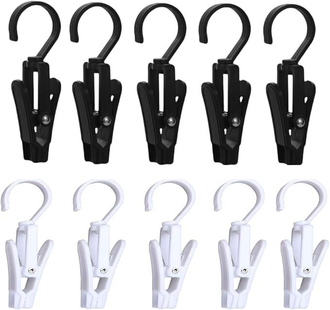 10 PCS Laundry Hooks with Clips，Clothes pins，360° Rotating Hook Clips, Hangers Clip Socks Curtain Towels Bathroom Closet Kitchen Office (Black and White)