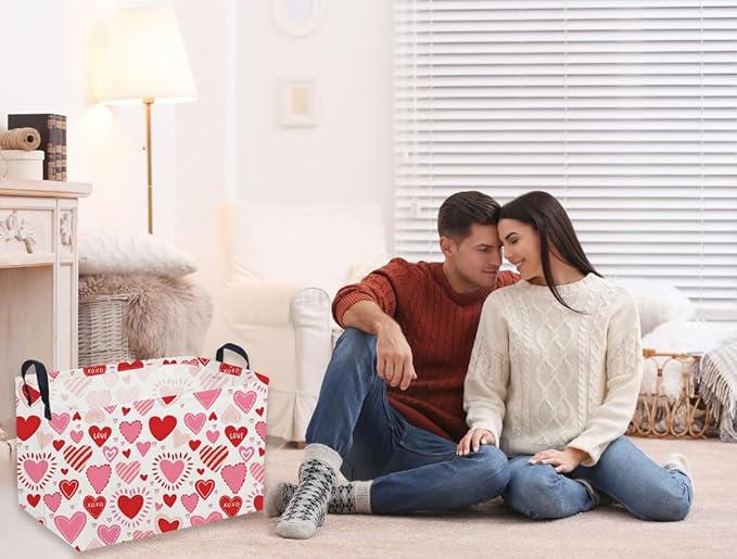 Sanjiaofeng Rectangular Valentine's Day Basket Love Storage Bins,Girls Storage Basket with Handles.Clothers,Books,Kid's Gifts Bins. (Pink Line Love)