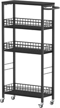 Slim Storage Cart 4 Tier Rolling Kitchen Cart Utility Serving Cart Laundry Room Narrow Cart with Handle Mobile Sheving Unit Organizer Wood Rolling Storage Cart for Bathroom Small Spaces, Modern Black