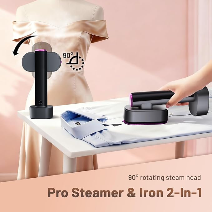 Steamer for Clothes, 2 in 1 Clothes Steamer Handheld, Travel Iron, 6-Level 1200W Steam Iron with LED Display, 15s Heat Up, Detachable Water Tank, Suitable Home and Travel, 120V