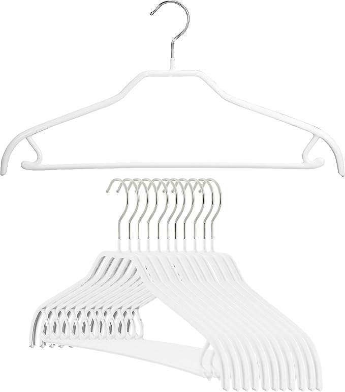 Mawa by Reston Lloyd Silhouette Series Non-Slip Space Saving Clothes Hanger with Bar & Hook for Pants and Skirts, Style 41/FRS, Set of 12, White