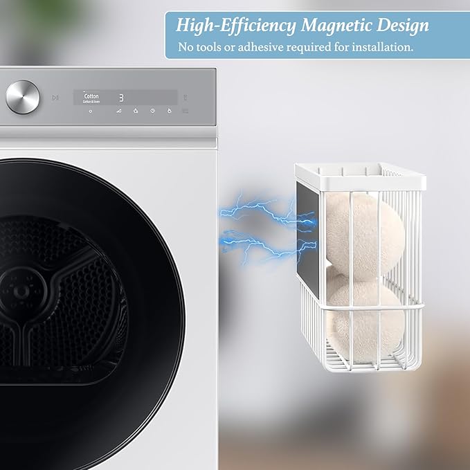 Magnetic Dryer Ball Holder and Laundry Organizer - Magnetic Lint Container For Dryer and Laundry Room with Strong Magnets, Dryer Ball Container ( 3 Wool Balls) (white)