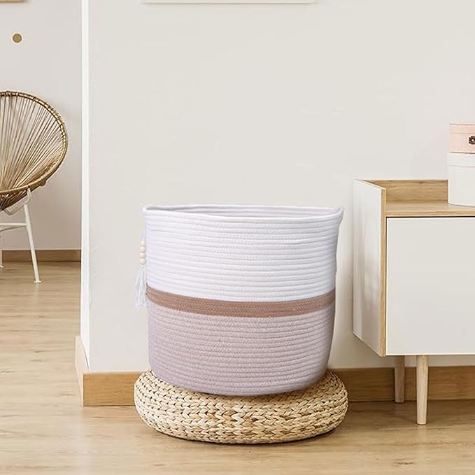 Cotton Rope Storage Bin,Natural Handmade Woven Hamper for Living Room,Blanket Basket for Clothes, Pillows, Towels (brown, 55L)