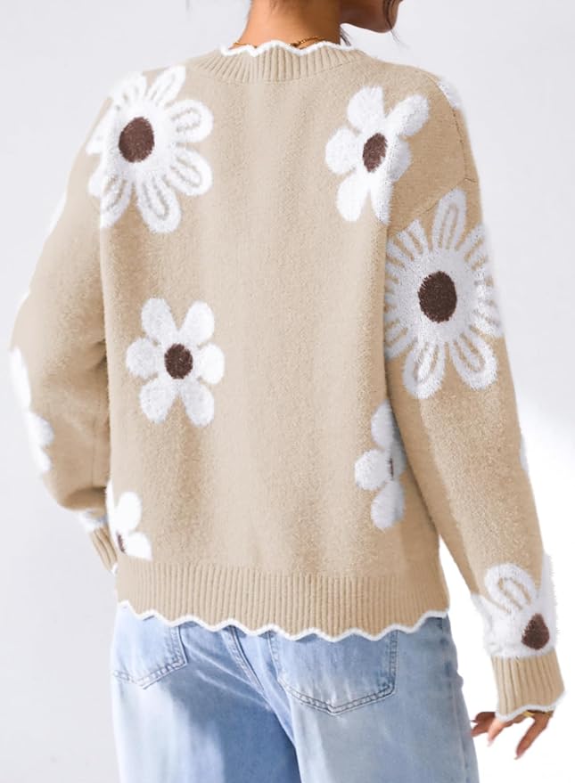 Pink Queen Fuzzy Sweater Cardigan for Women 2025 Fashion Long Sleeve Flower Outerwear Button Down Open Front Cardigan Coat