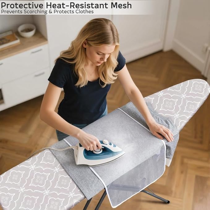 FIOBEE Ironing Board Cover and Pad Extra Thick Iron Board Pad with Heat-Resistant Mesh Padded Iron Board Covers Adjustable Buckle & Elastic Edges for 15x54 Standard Size Ironing Board, Grey Geometric