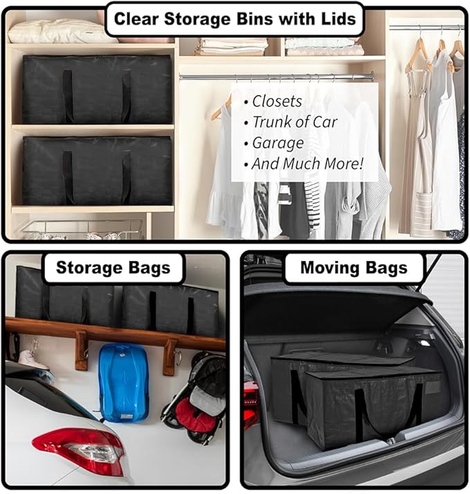 ClearSpace Heavy Duty Moving Bags or Storage Bags – Black Storage Bins with Lids, Large Moving Boxes with Backpack Straps & Zippers,– Packing Box & Moving Supplies for College Dorm, 8 Pack