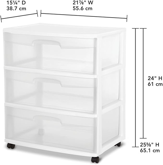 Sterilite Wide 3 Drawer Storage Cart, Plastic Rolling Cart with Wheels to Organize Clothes in Bedroom, Closet, White with Clear Drawers, 4-Pack