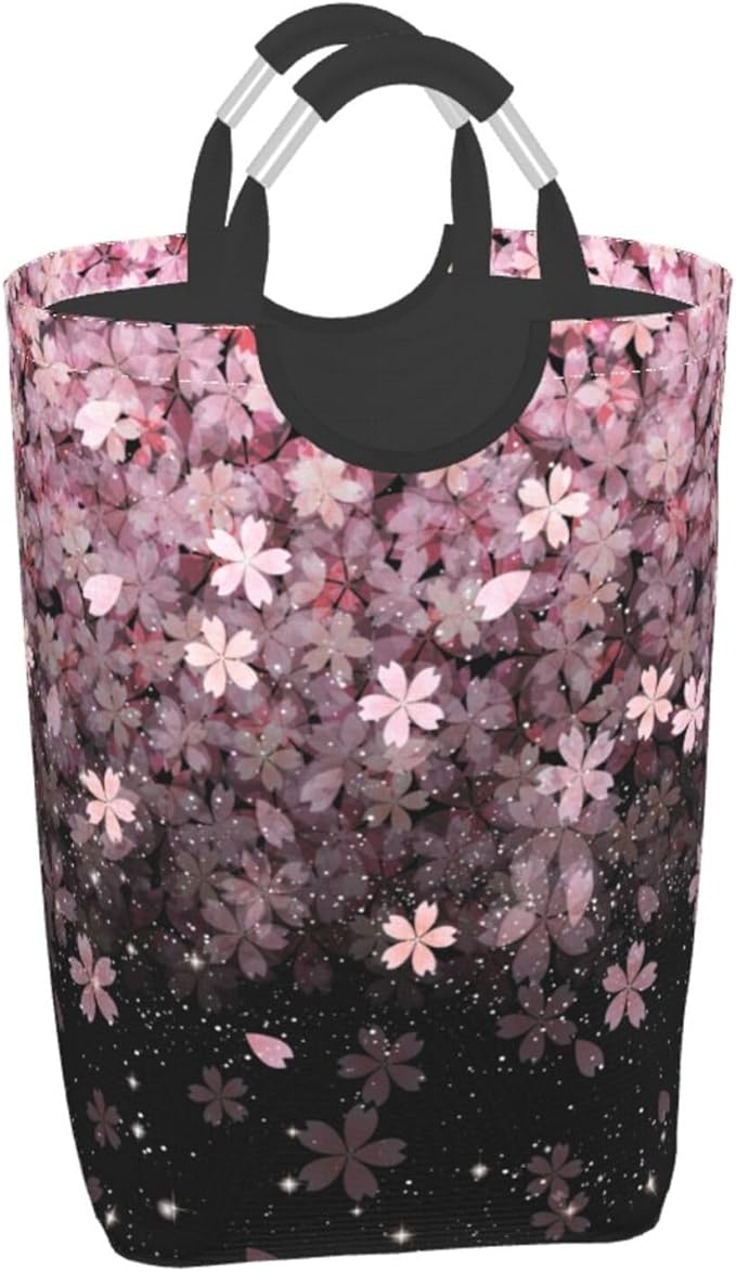 Cherry Blossoms Laundry Basket Pink Flowers Foldable Laundry Hamper Cute Floral Collapsible Laundry Baskets with Handles Clothes Hamper Laundry Tote Bag for Dorm Family Storage Bin 50L