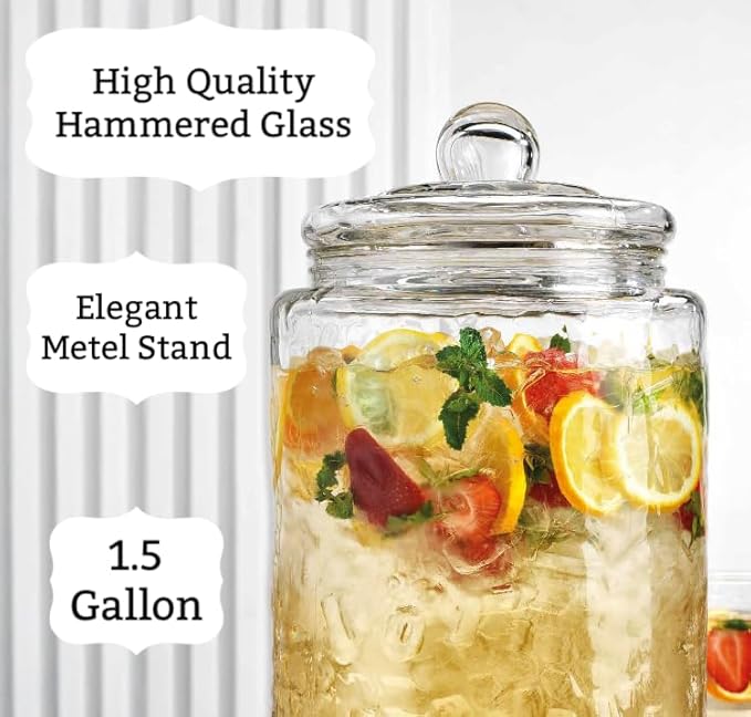 MosJos 3 Gallon Classic Hammered Glass Ice Cold Beverage Drink Dispenser - With Glass Lid 100% Leak Proof Spigot- Wide Mouth Easy Filling For Outdoor, Parties & Daily Use