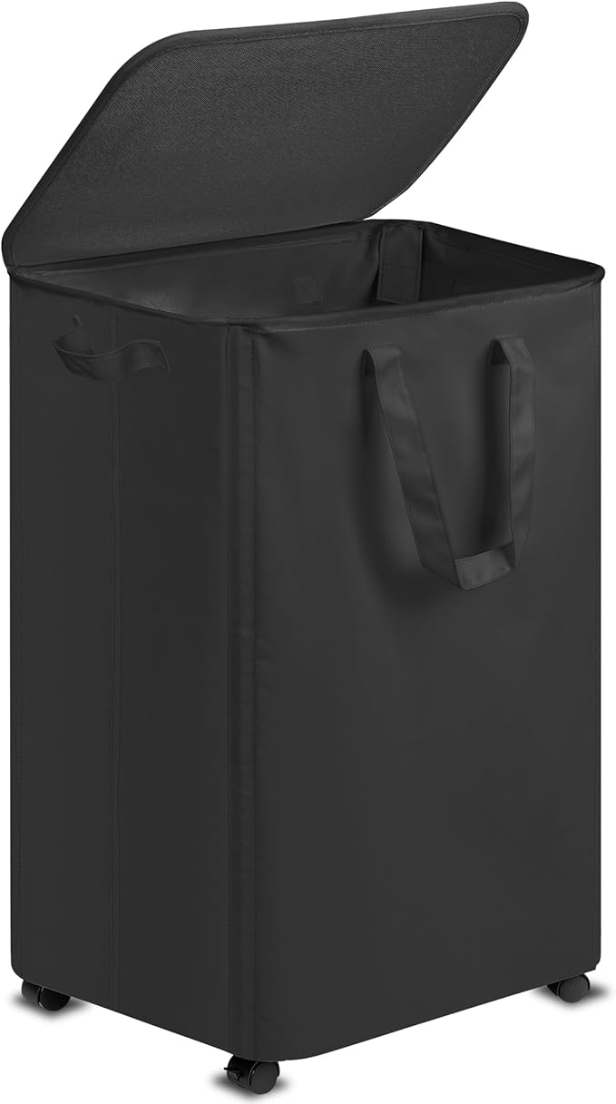 Slim Laundry Hamper with Lid and Wheels, Small Rolling Laundry Basket with Handle for Small Spaces, Tall Dirty Clothes Hampers for Dorm, Bathroom and Bedroom, 95L Black