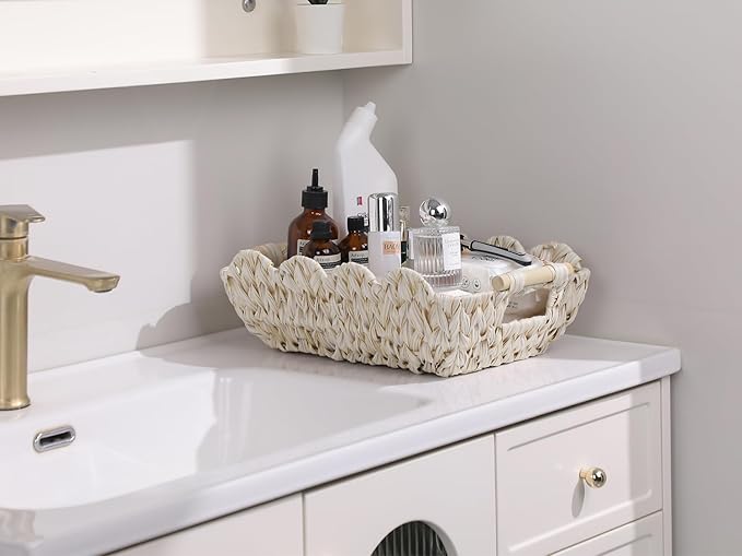 Small Scalloped Basket,Boho Decortive Wicker basket with Wooden Handle,Hand-Woven Wicker Storage Baskets for Organizing,Shelves,Snack,Display,2 Pack