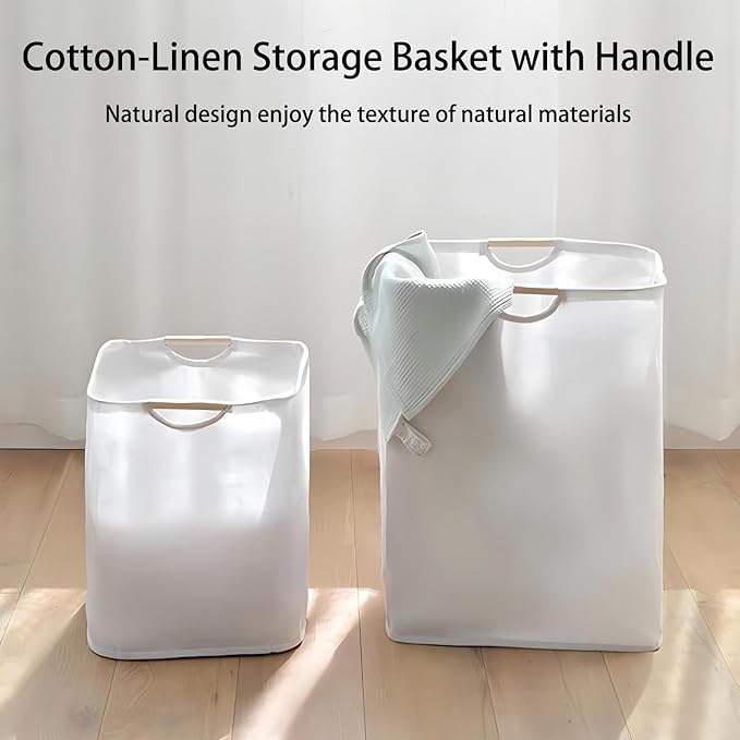 Collapsible Laundry Hamper Bag with Wooden Handles - 36L/8 Gallon Capacity Waterproof Oxford Cloth Storage Basket, Freestanding No Wire Frame, for Dorm Room, Bedroom, Bathroom - Small