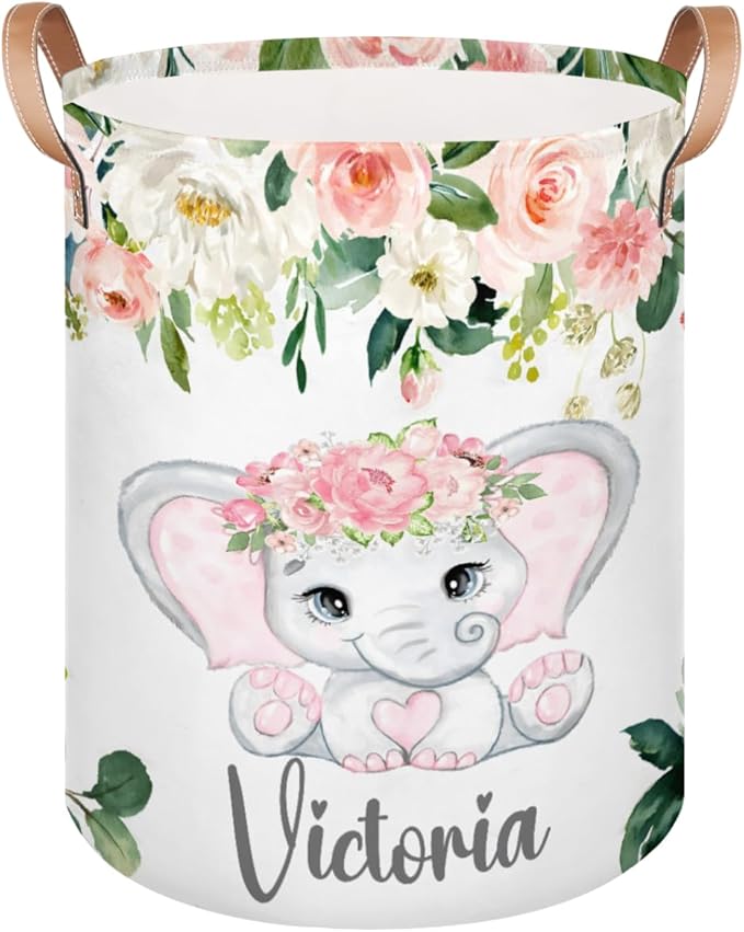 Personalized Laundry Basket, Custom Gift Laundry Hamper, Collapsible Nursery Waterproof Laundry Baskets, Dirty Clothes Toy Hamper with Handles Pink Floral Elephant