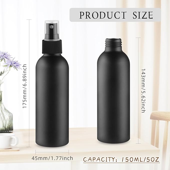 6 Pack 150ml/5oz Aluminum Spray Bottle Black Mist Sprayer Metal Spray Bottle Empty Fine Mist Spraying Bottles for Perfume Cleaning Essential Oil