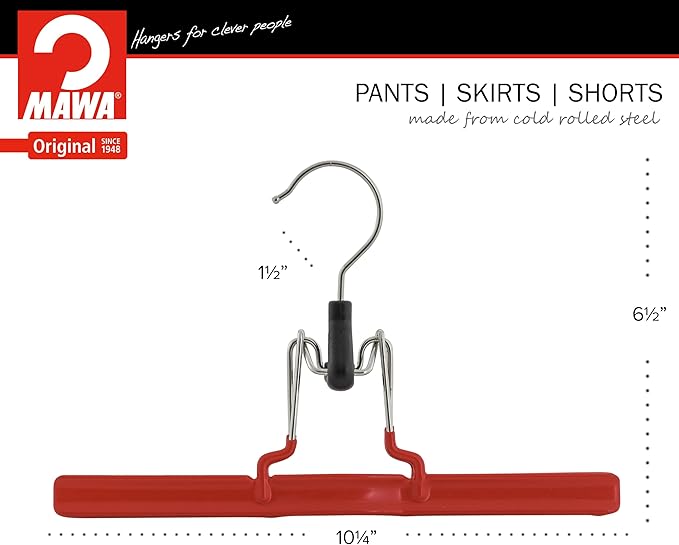 Mawa by Reston Lloyd Non-Slip Space-Saving Clothes Hanger with Clamp for Pants and Skirts, Style M/26, Set of 6, Red