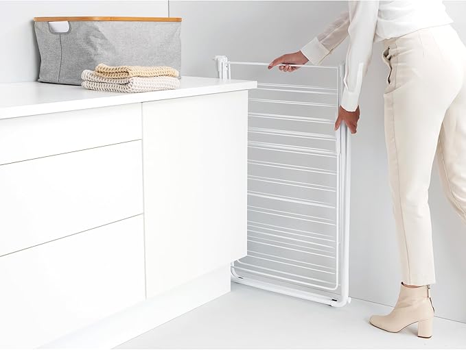 Brabantia HangOn Clothes Drying Rack with Garment Rail | 82ft (25m) | White | Large Indoor Clothes Airer Laundry Stand with 2 Fold-Out Wings & Hanger Hooks, Folds Flat | Fits 3 Full Loads