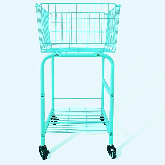 31" height Rolling Laundry Basket with Wheels,2-shape "S" cloth hook in, Foldable Laundry Hamper for room organization with Industrial Wheels for Clothes storage and wash (Turquoise Blue)