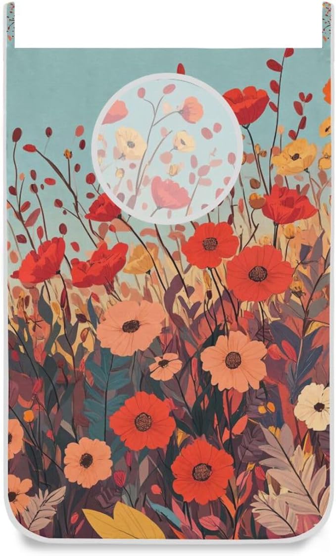 Autumn Poppy Flowers Door Hanging Laundry Hamper Bag with Free Adjustable Stainless Steel Hooks Dirty Clothes Hamper Extra Large Over the Door Laundry Hamper 29.5X20inch 1PC