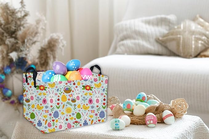 Easter Basket for Kids Gift Bunny Baskets Empty Baby Basket for Boys and Girls Rectangular Toy Storage Bins Organizer Bin Box Cute Egg Room Decor for Home(Bule Easter)