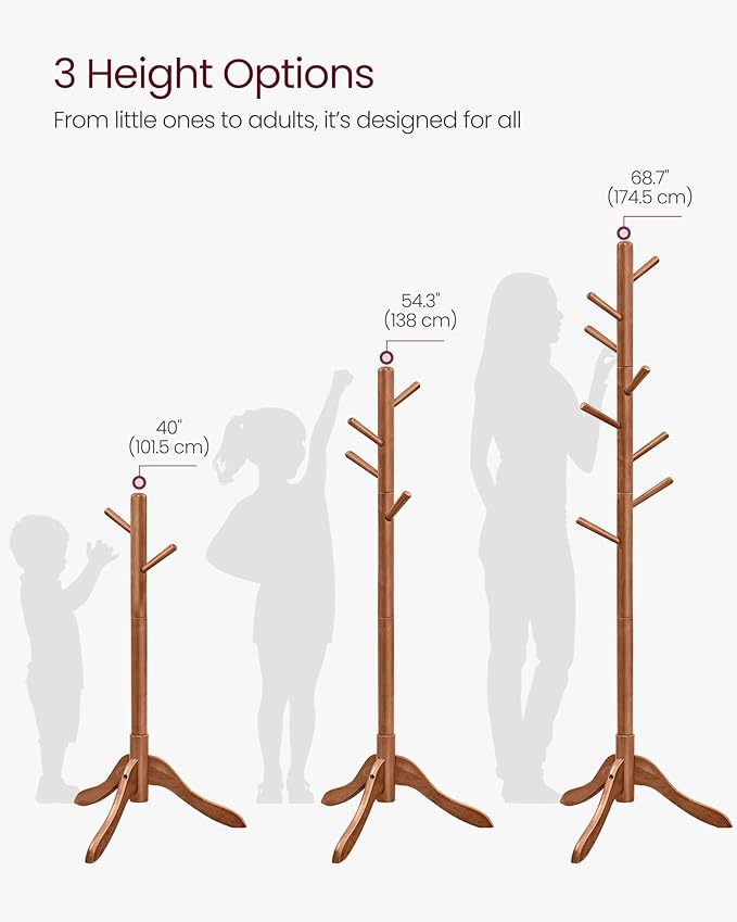 VASAGLE Solid Wood Coat Rack, Free Standing Tree-Shaped Coat Rack with 8 Hooks, 3 Height Options, for Clothes, Hats, Bags, Living Room, Bedroom, Home Office, Caramel Brown URCR01WN