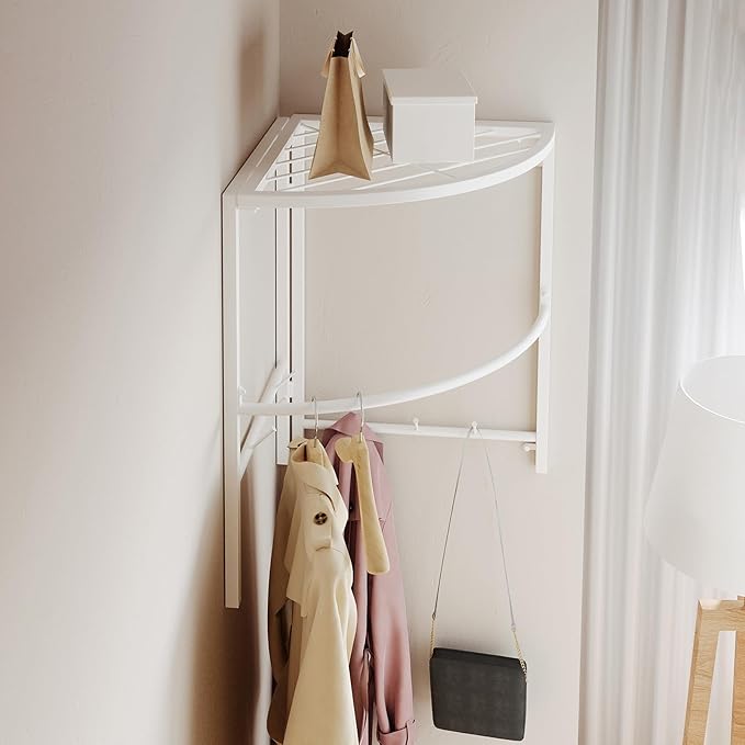 Cinnabar Corner Clothes Rack with Shelf, Adjustable Hanging Wardrobe Closet Organizer for Bedroom Living Room (white)
