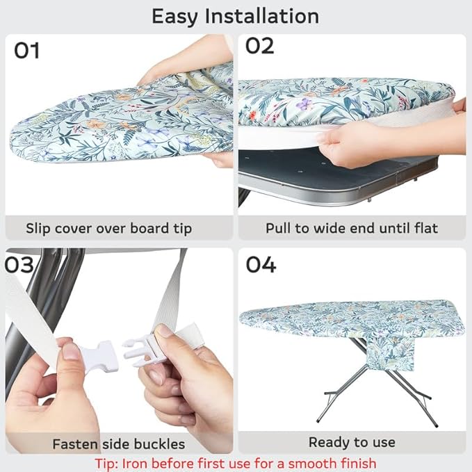 FIOBEE Ironing Board Cover and Pad Extra Thick Iron Board Pad with Heat-Resistant Mesh Padded Iron Board Covers Adjustable Buckle & Elastic Edges for 15x54 Standard Size Ironing Board, Grey Flower